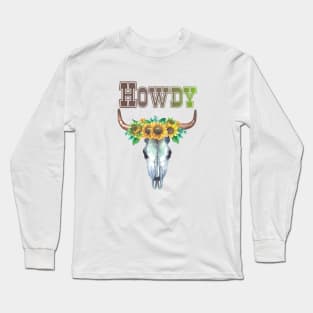 Howdy Cow Skull with Sunflowers Graphic Design Long Sleeve T-Shirt